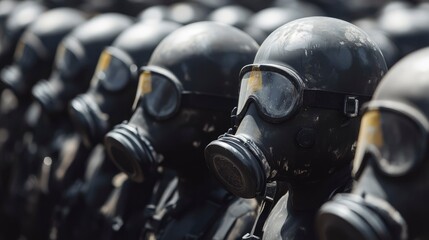 Fototapeta premium Row of Gas Masks in Protective Gear Military or Emergency Response Preparedness