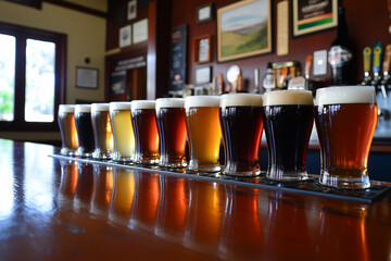 Line-up of colorful beers in a cozy pub setting, ideal for craft beer enthusiasts