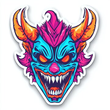 recommend clip art: Evil clown demon face sticker, vibrant pink, orange, and blue color scheme, sharp teeth, horns.