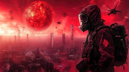 Post-Apocalyptic Survivor in Red-Tinted Cityscape with Giant Red Planet
