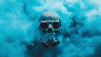 Skull with Gas Mask in Blue Smoke Environmental Apocalypse Concept