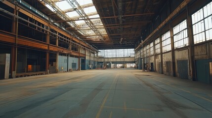 An empty, industrial warehouse with large windows and a skylight, showing the steel beams and support structure.