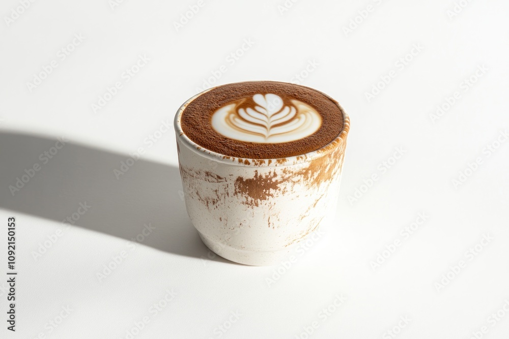 Poster a beautifully crafted latte with a heart-shaped design in a rustic cup.