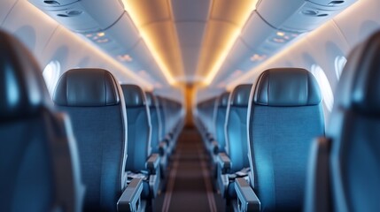 Serene and Symmetric Airplane Interior with Sleek Lighting and Empty Rows