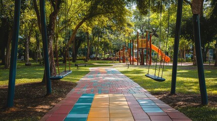 Obraz premium A children's playground in a park with a colorful brick pathway leading to swings and slides 