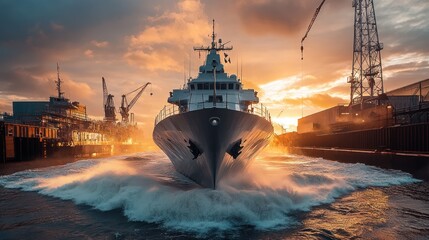 Fototapeta premium A modern navy ship docked in a shipyard at sunset, with water splashing around the bow.