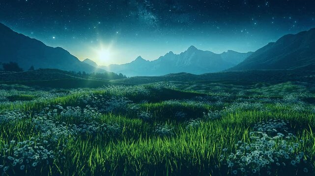 Abstract Grass Landscape by Night with Flowers under a Starry Sky - Loop - Fantasy Nature Background