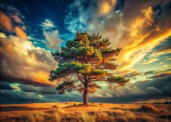 Obraz premium Captivating Vintage Style Photograph of a Lonely Pine Tree Silhouetted Against a Dramatic Sky, Evoking a Sense of Solitude and Natural Beauty in a Timeless Landscape