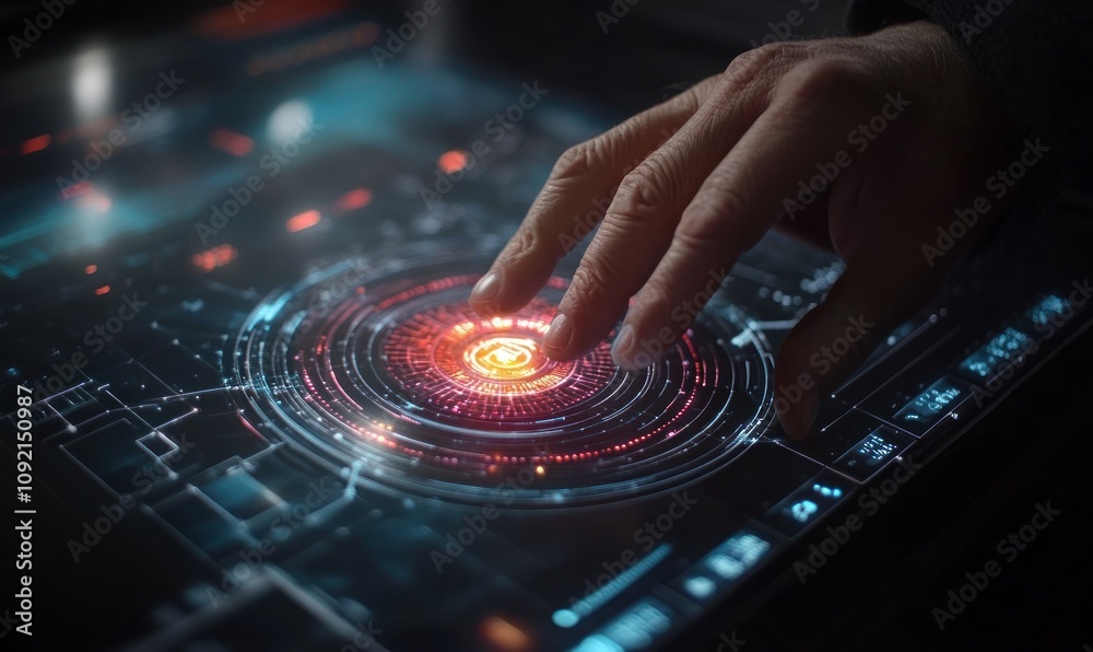 Aufkleber A hand interacts with a futuristic digital interface displaying vibrant data patterns.