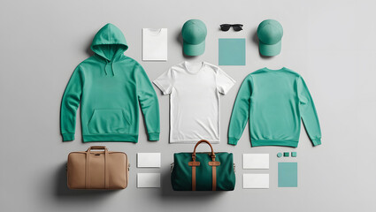 Create a realistic mockup of a design template. Green - White colors. Classic stationery template. Hoodie, T-shirt, Hat, Cap, Travel bag, Business card, isolated on a plain white background.