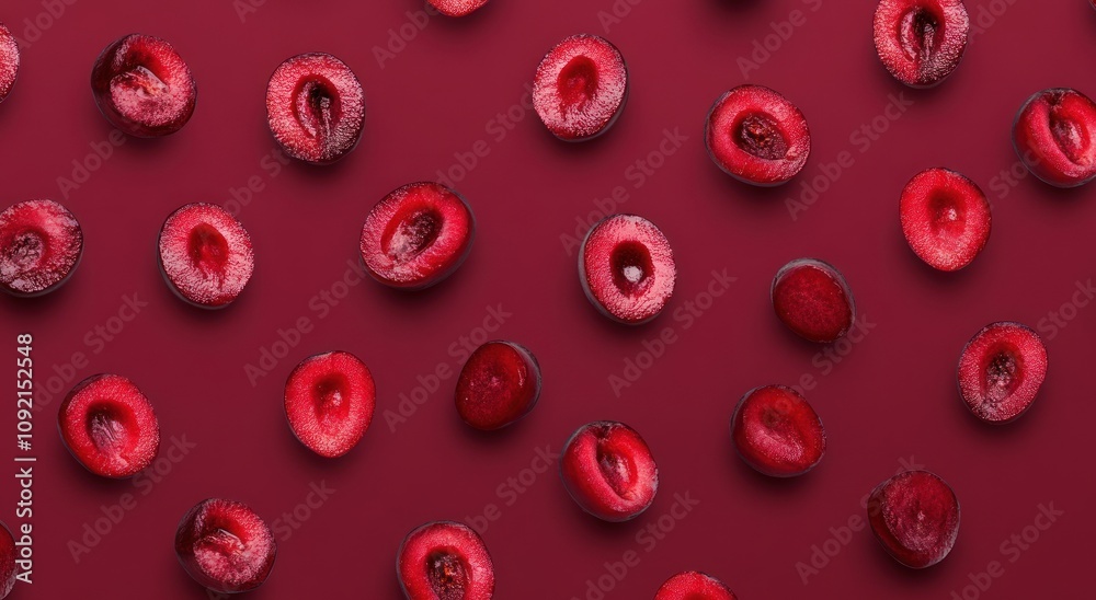 Poster a flat lay of halved plums on a deep red background, showcasing vibrant colors and textures.