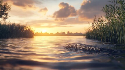 A calm river at sunset, with ripples from a fish jumping.