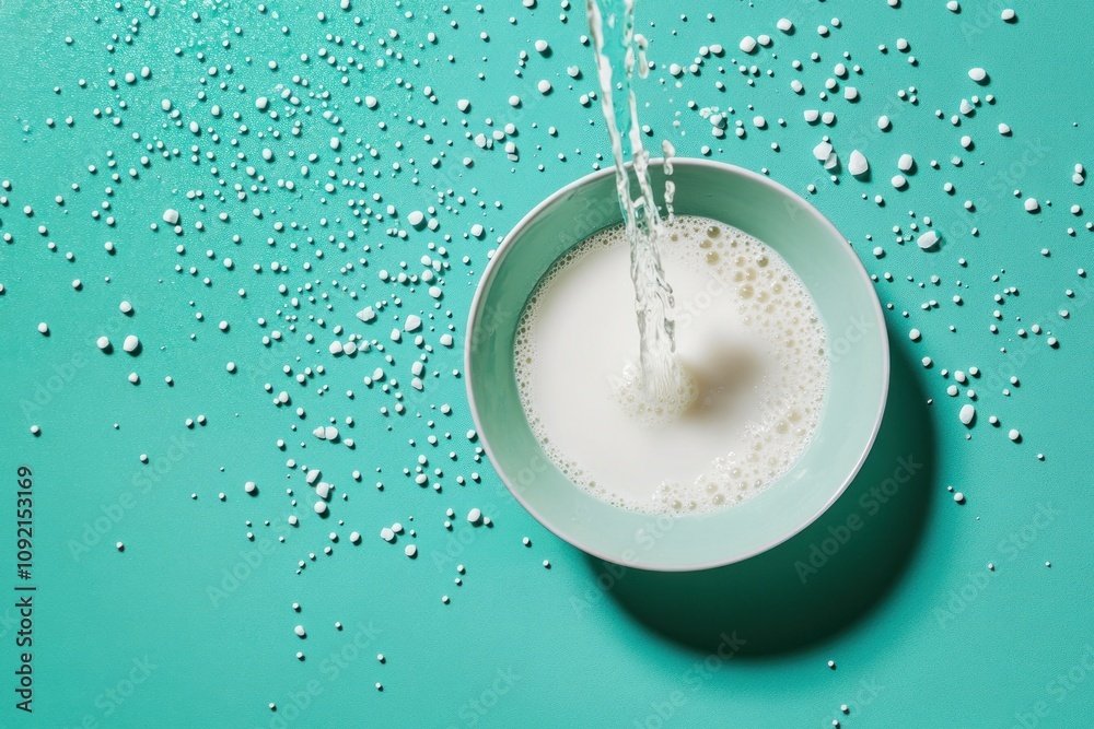 Poster a bowl of milk with water splashing into it, surrounded by droplets on a teal surface.