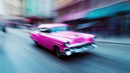 Naklejka premium Pink retro car on the street of Havana, Cuba, shot with panning 