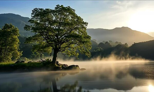 Misty Summer Morning: Lone Tree on an Island Overlooking Rydal Water, Lake District, UK