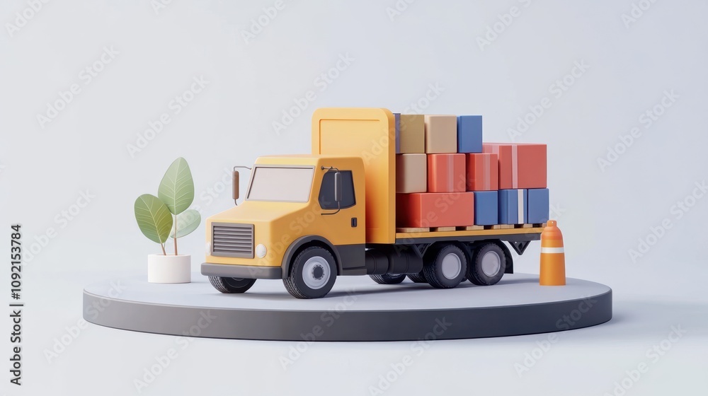 Poster a stylized yellow truck loaded with colorful boxes, set on a minimalistic background.