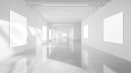 Obraz premium Empty Gallery: White Walls, Sunlight, Blank Canvases, Minimalist Interior Design, Modern Art Space, Architectural Design, Clean Lines, Gallery Space, Interior Photography, Contemporary Architecture, 