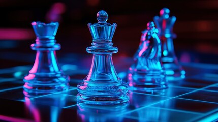 Illuminated Glass Chess Pieces on a Futuristic Board