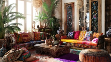 Fototapeta premium Bohemian living room with a mix of patterns, natural materials, and vibrant textiles