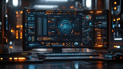 Obraz premium Futuristic computer setup displaying a high-tech interface in a dimly lit environment.