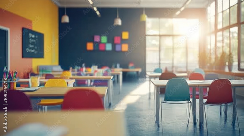 Aufkleber A colorful classroom with desks and chairs, designed for learning and creativity.