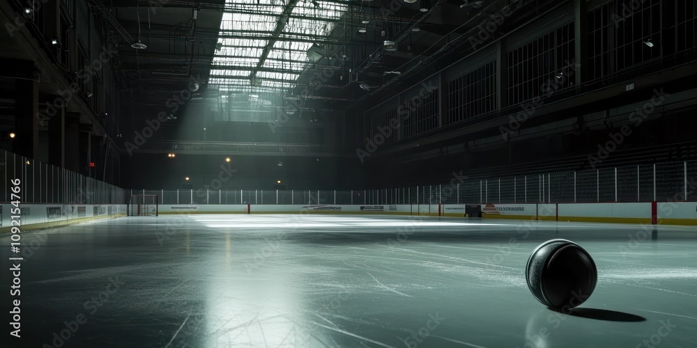 Poster an empty ice rink illuminated by soft light, featuring a solitary hockey puck.