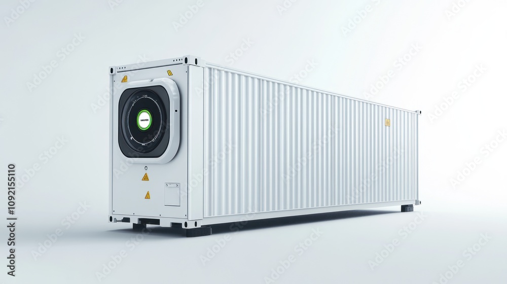 Poster A large shipping container with a cooling unit, designed for transporting temperature-sensitive goods.