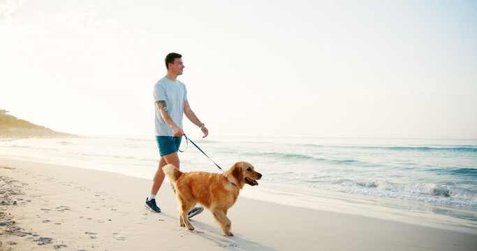 Travel, man and walking with dog at beach for fun adventure, wellness exercise and bonding with companion. Mockup, owner and pet on leash by ocean for cardio workout, fresh air and exploring nature - Powered by Adobe