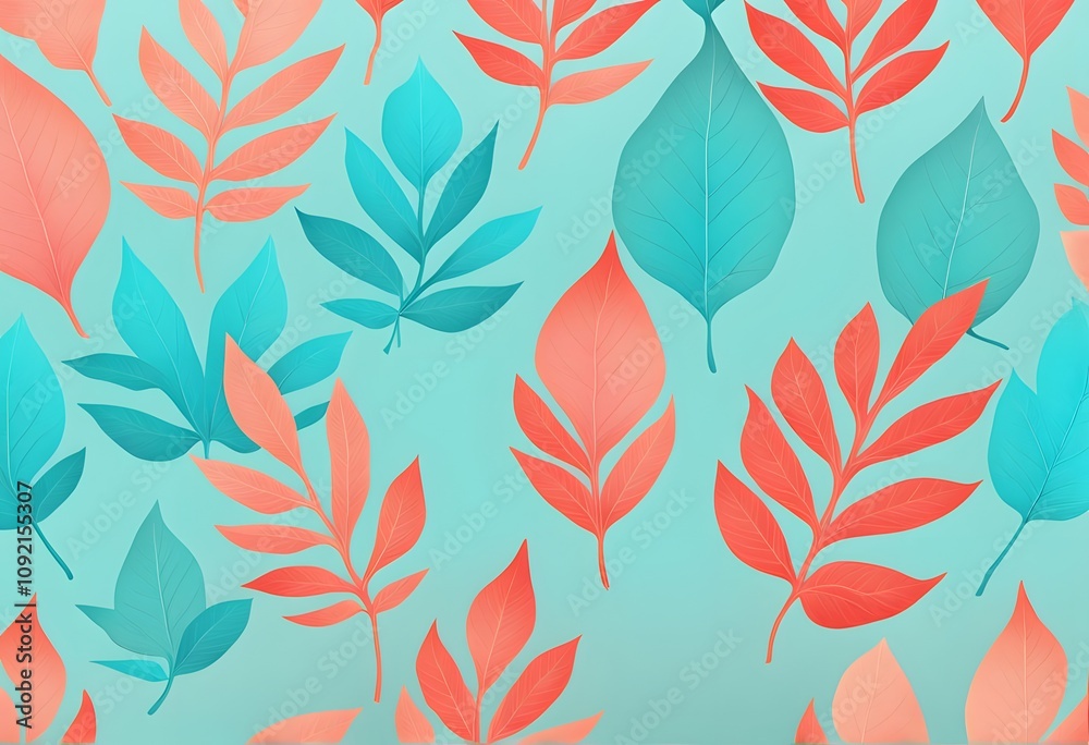 Sticker gradient colored leaves fading from turquoise to coral on a soft gradient background, ai generated