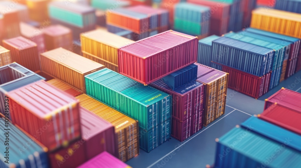 Poster Aerial view of colorful shipping containers stacked in a port.