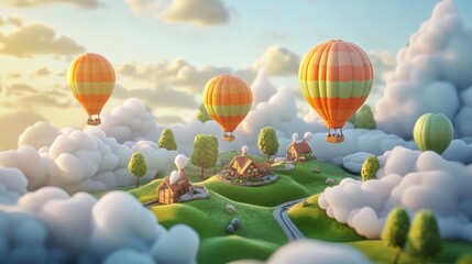 Obraz premium A whimsical scene of a village with hot air balloons floating above the clouds, surrounded by fluffy clouds and green hills.