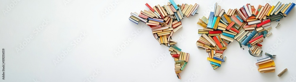 Poster a creative representation of a world map made from colorful books.