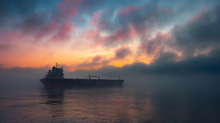 Obraz premium A cargo ship navigates through enchanting fog at dawn, surrounded by soft hues of pink and blue in the sky.