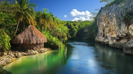 Obraz premium Secluded River Hut: A tranquil escape in a lush, tropical paradise. A thatched hut sits on the banks of a crystal-clear river, nestled amidst vibrant green foliage and towering limestone cliffs.