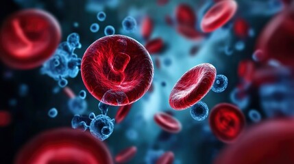 Microscopic View of Red Blood Cells and Viruses in Bloodstream