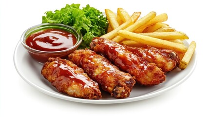 Crispy BBQ Chicken Wings with Fries: A mouthwatering platter featuring three juicy BBQ chicken wings, golden-brown french fries, and a side of tangy ketchup.  Perfect for satisfying those cravings.