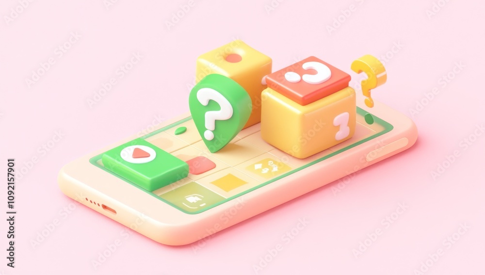 Aufkleber A colorful mobile interface with playful blocks and question marks, suggesting a game or app.