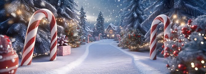 A whimsical Christmas podium featuring candy cane stripes and sparkling lights. The background shows a snowy path leading into a festive village, creating a spacious environment for showcasing