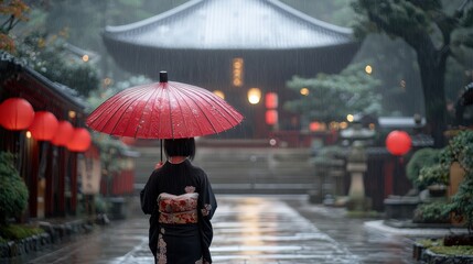 Obraz premium A young woman in a furisode kimono holding an umbrella, standing near a traditional Japanese temple, highlighting the grace and cultural heritage of Coming of Age Day