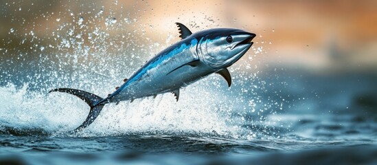 Fototapeta premium A large tuna leaps from the water, creating a spray of droplets.