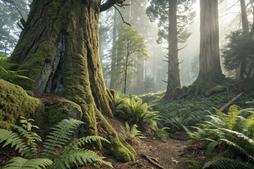 Fototapeta premium Ancient tree trunks covered with giant ferns and moss, , tropical forest ecology, Malaysia's ancient trees