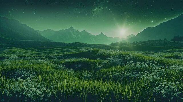 Abstract Grass Landscape by Night with Flowers under a Starry Sky - Loop - Fantasy Nature Background V2