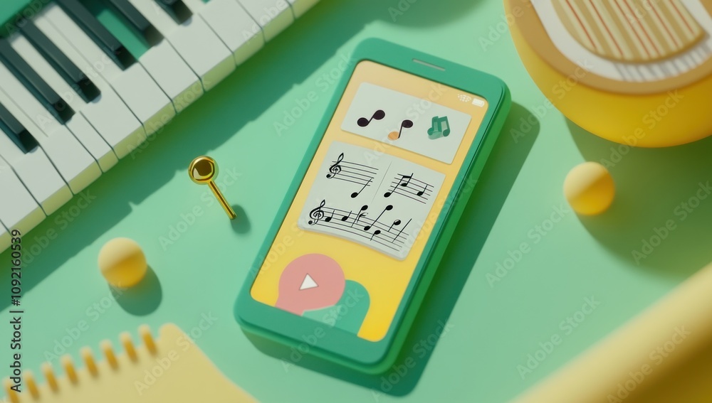 Poster a colorful smartphone displays musical notes, surrounded by musical instruments and elements.