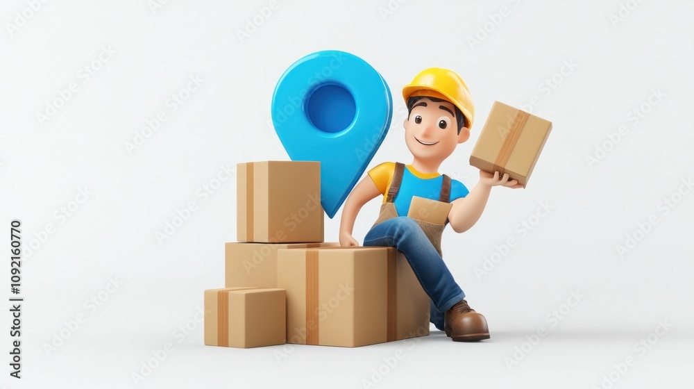 Poster a cheerful character in a hard hat sits on boxes, holding a package with a location pin nearby.
