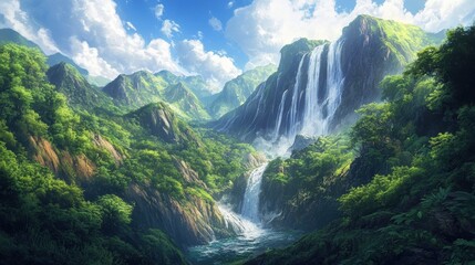 Fototapeta premium Majestic waterfall cascading down mountain nature high fidelity image lush environment aerial view gigapixel quality