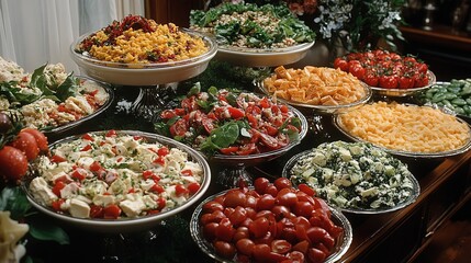 Fototapeta premium A buffet table showcases a variety of dishes, including salads