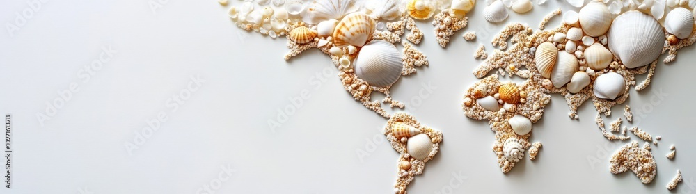 Poster artistic representation of a world map created from seashells and sand.