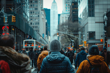 Obraz premium A bustling city street scene showcases a diverse group of pedestrians in the foreground with towering buildings in the distance.