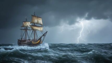 Fototapeta premium Epic pirate ship adventure stormy seas high-fidelity artwork ocean environment dramatic viewpoint gigapixel concept