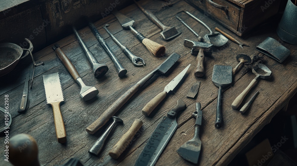 Poster a collection of various tools arranged on a wooden surface, showcasing craftsmanship.
